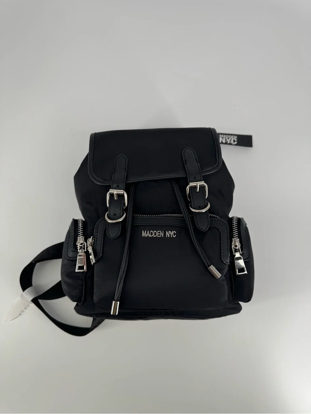 black Madden NYC buckle flap nylon mini backpack